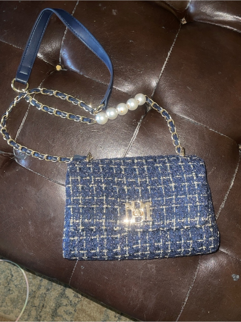 Badgley Mischka Navy Tweed Shoulder Bag with Pearl Detail